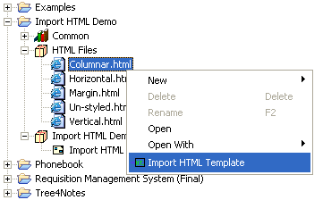 Select Import HTML Template from the context menu